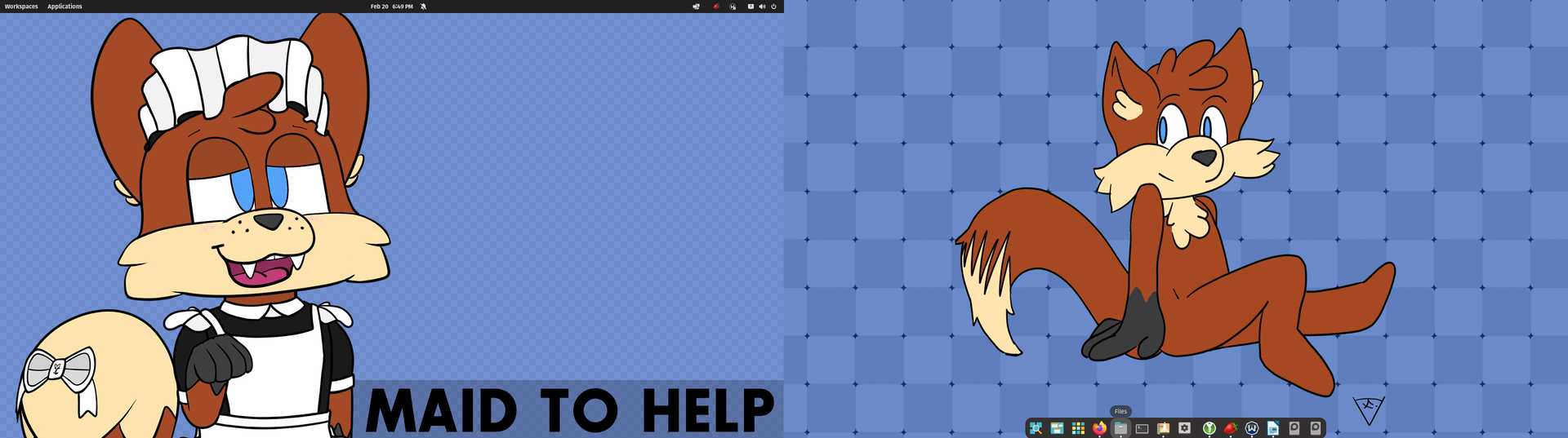 Two images of foxfire, an anthro fox, as a background for two monitors.